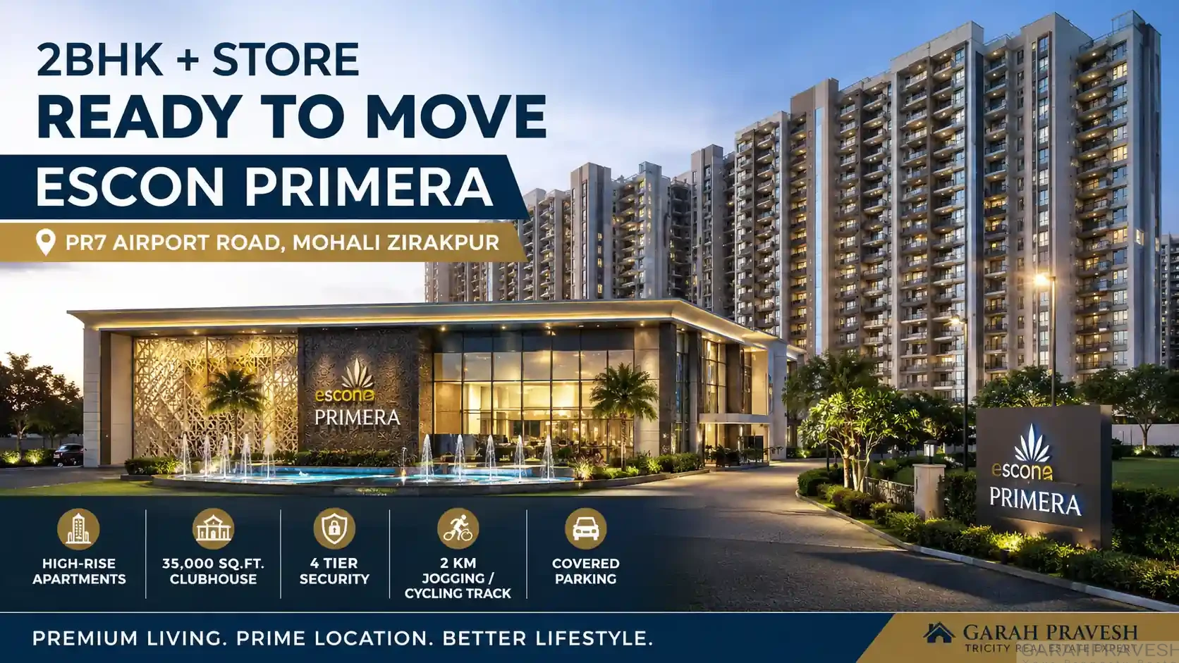 2BHK + Store ready-to-move flat at Escon Primera PR7 Airport Road Mohali Zirakpur with high-rise towers, clubhouse and modern lifestyle amenities | Garah Pravesh