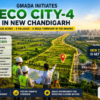 Aerial view of the proposed Eco City-4 project in New Chandigarh showing 526 acres of planned development land, survey teams, future township infrastructure, and GMADA's expansion plans across four villages.