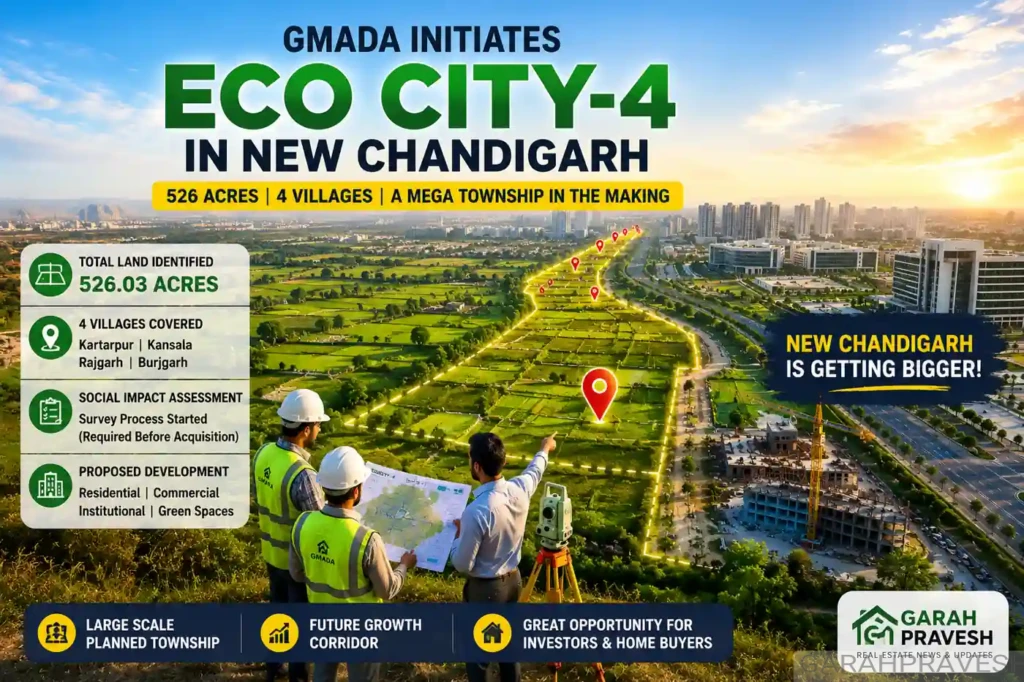 Aerial view of the proposed Eco City-4 project in New Chandigarh showing 526 acres of planned development land, survey teams, future township infrastructure, and GMADA's expansion plans across four villages.