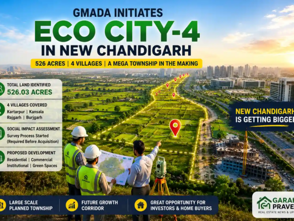 Aerial view of the proposed Eco City-4 project in New Chandigarh showing 526 acres of planned development land, survey teams, future township infrastructure, and GMADA's expansion plans across four villages.