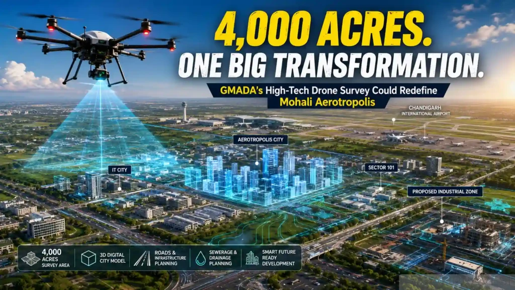 GMADA drone survey creating a 3D digital model of Mohali Aerotropolis near Chandigarh Airport.