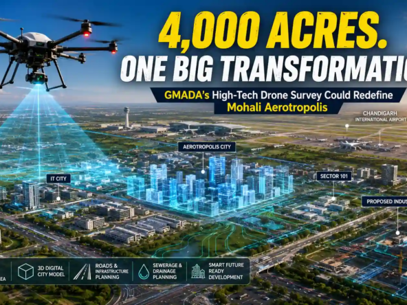 GMADA drone survey creating a 3D digital model of Mohali Aerotropolis near Chandigarh Airport.