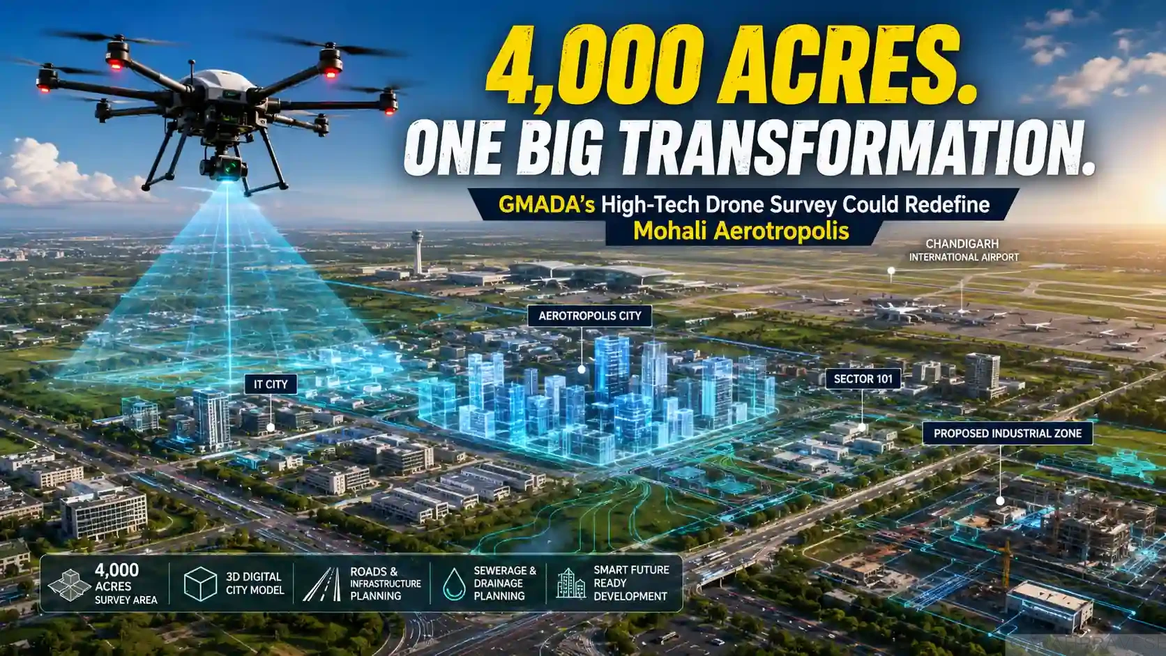 GMADA drone survey creating a 3D digital model of Mohali Aerotropolis near Chandigarh Airport.