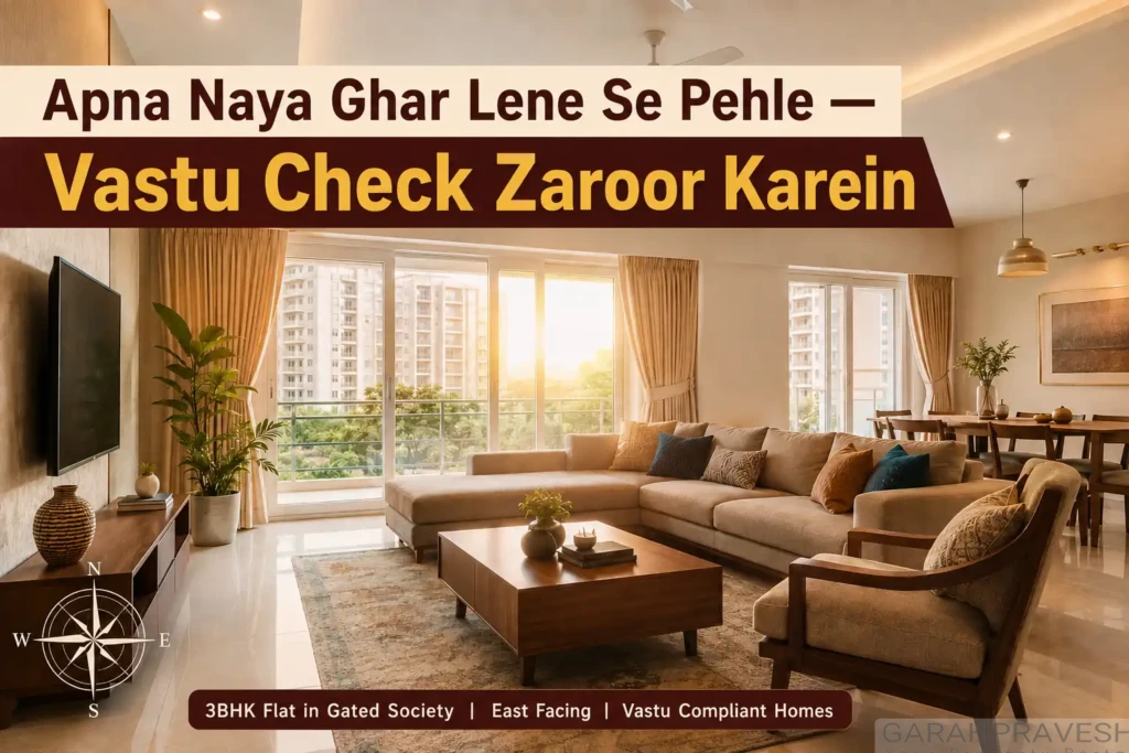 Bright modern 3BHK living room showcasing Vastu Compliant Flats with east-facing windows and contemporary interior design.