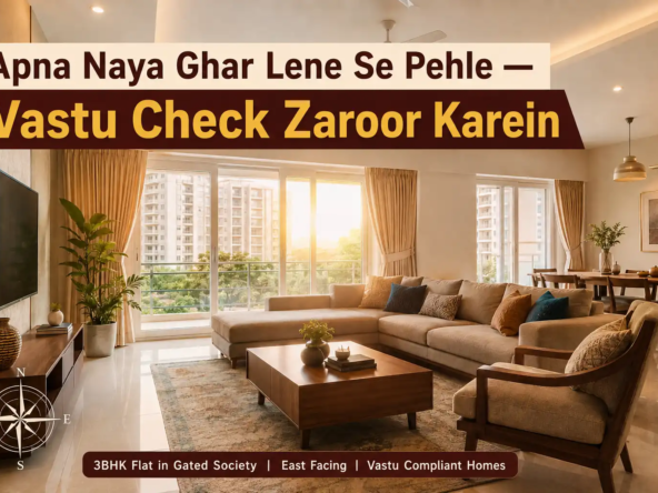 Bright modern 3BHK living room showcasing Vastu Compliant Flats with east-facing windows and contemporary interior design.