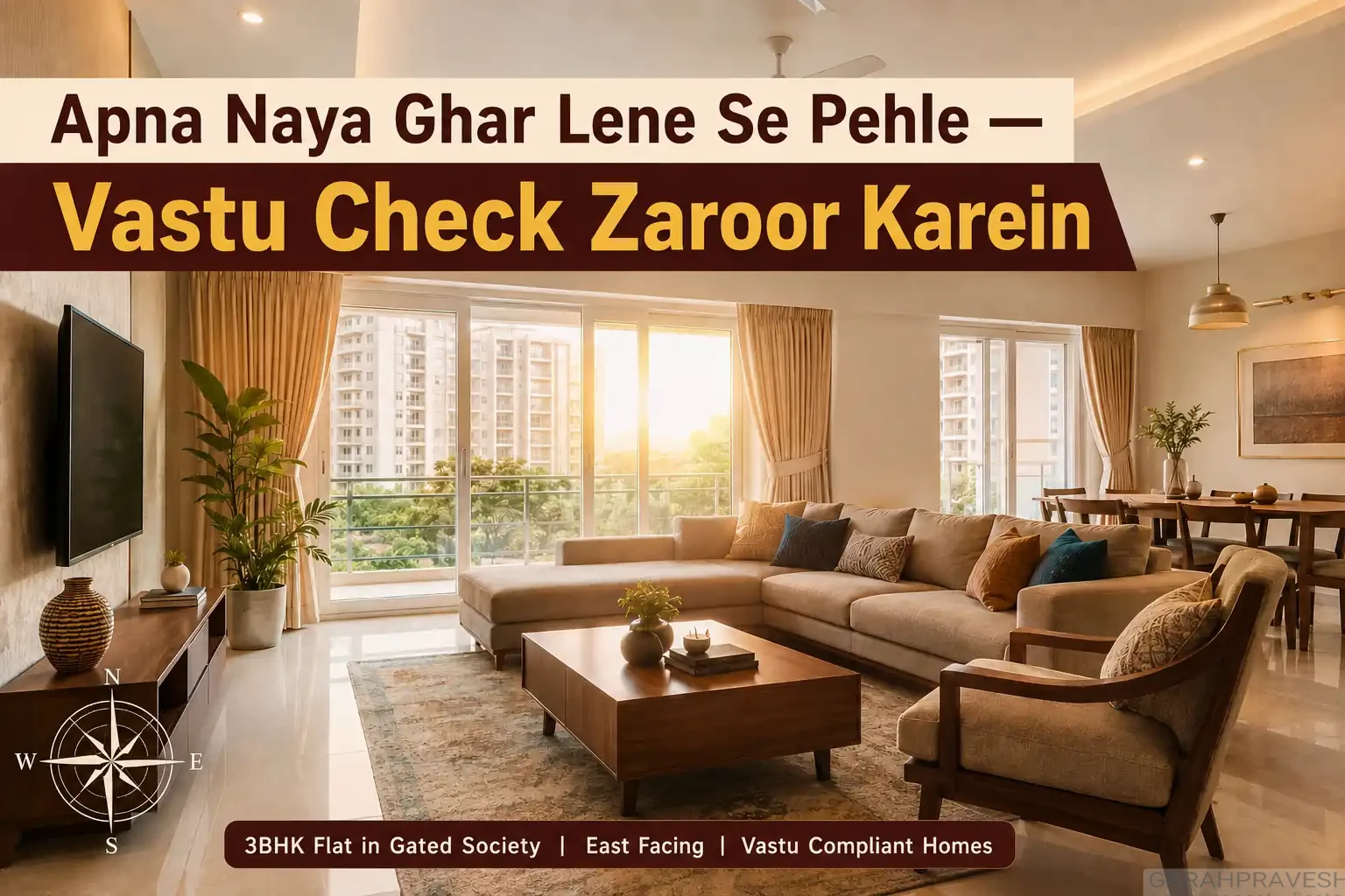 Bright modern 3BHK living room showcasing Vastu Compliant Flats with east-facing windows and contemporary interior design.