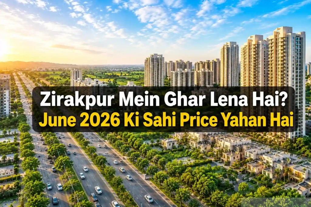 Aerial view of Zirakpur skyline with modern residential towers and wide roads featuring the text “Zirakpur Mein Ghar Lena Hai? June 2026 Ki Sahi Price Yahan Hai” highlighting the latest property prices in June 2026.