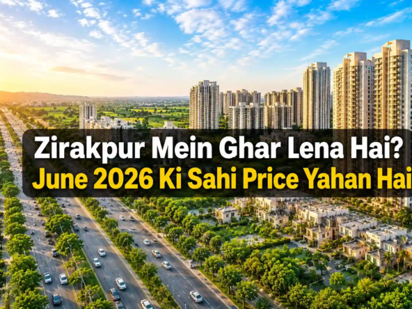 Aerial view of Zirakpur skyline with modern residential towers and wide roads featuring the text “Zirakpur Mein Ghar Lena Hai? June 2026 Ki Sahi Price Yahan Hai” highlighting the latest property prices in June 2026.