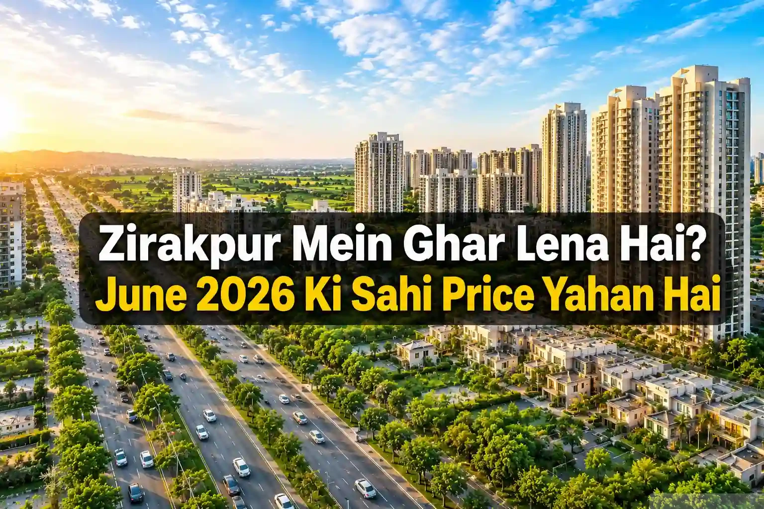Aerial view of Zirakpur skyline with modern residential towers and wide roads featuring the text “Zirakpur Mein Ghar Lena Hai? June 2026 Ki Sahi Price Yahan Hai” highlighting the latest property prices in June 2026.