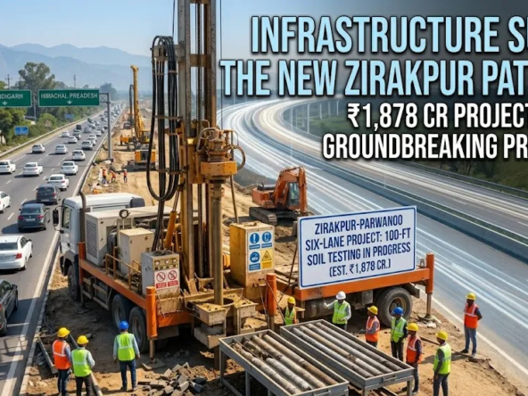 Heavy geo-technical drilling rig conducting 100-foot soil testing on PR-7 Highway for the ₹1,878 crore Zirakpur-Parwanoo six-lane PR-7 highway project, with active morning traffic on the left and a digital architectural overlay of the upcoming elevated expressway on the right.