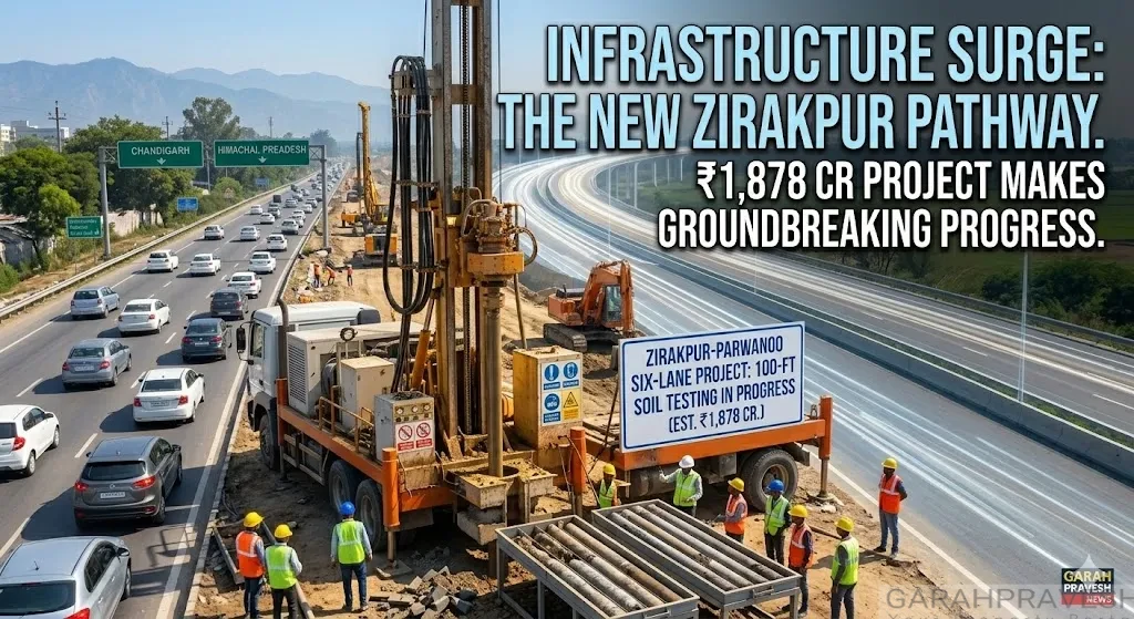 Heavy geo-technical drilling rig conducting 100-foot soil testing on PR-7 Highway for the ₹1,878 crore Zirakpur-Parwanoo six-lane PR-7 highway project, with active morning traffic on the left and a digital architectural overlay of the upcoming elevated expressway on the right.