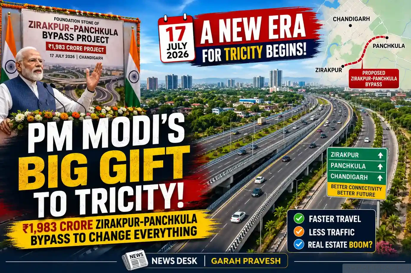 PM Modi to launch ₹1,983 crore Zirakpur-Panchkula Bypass project in July 2026